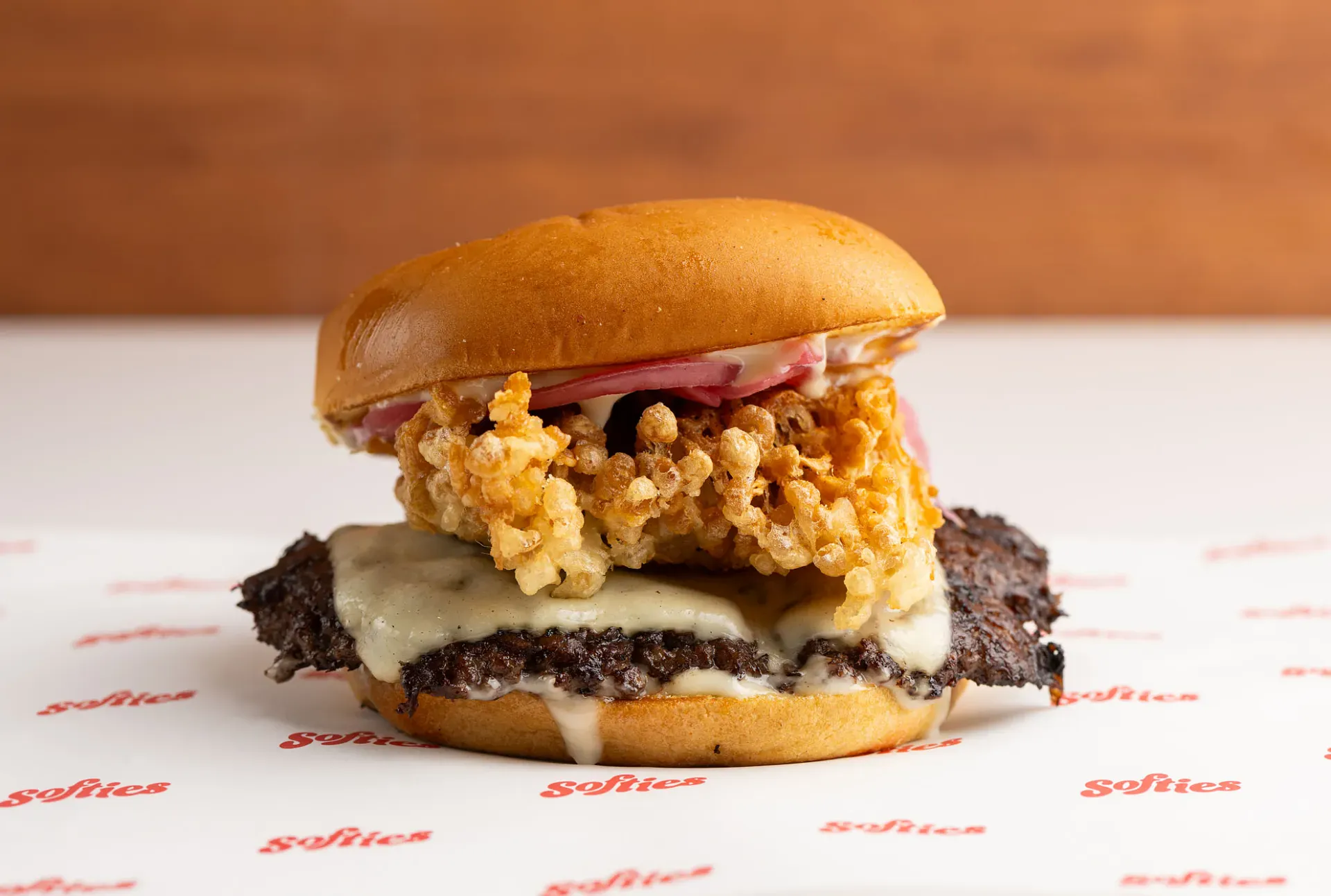 Crispy Shroom Burger - tempura-fried enoki mushrooms with softies special sauce